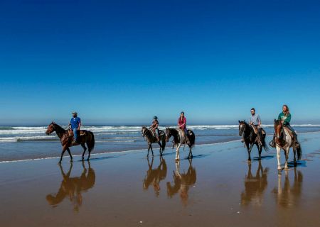 A group of people riding horses along a sandy beach, with the ocean and clear blue sky in the background.