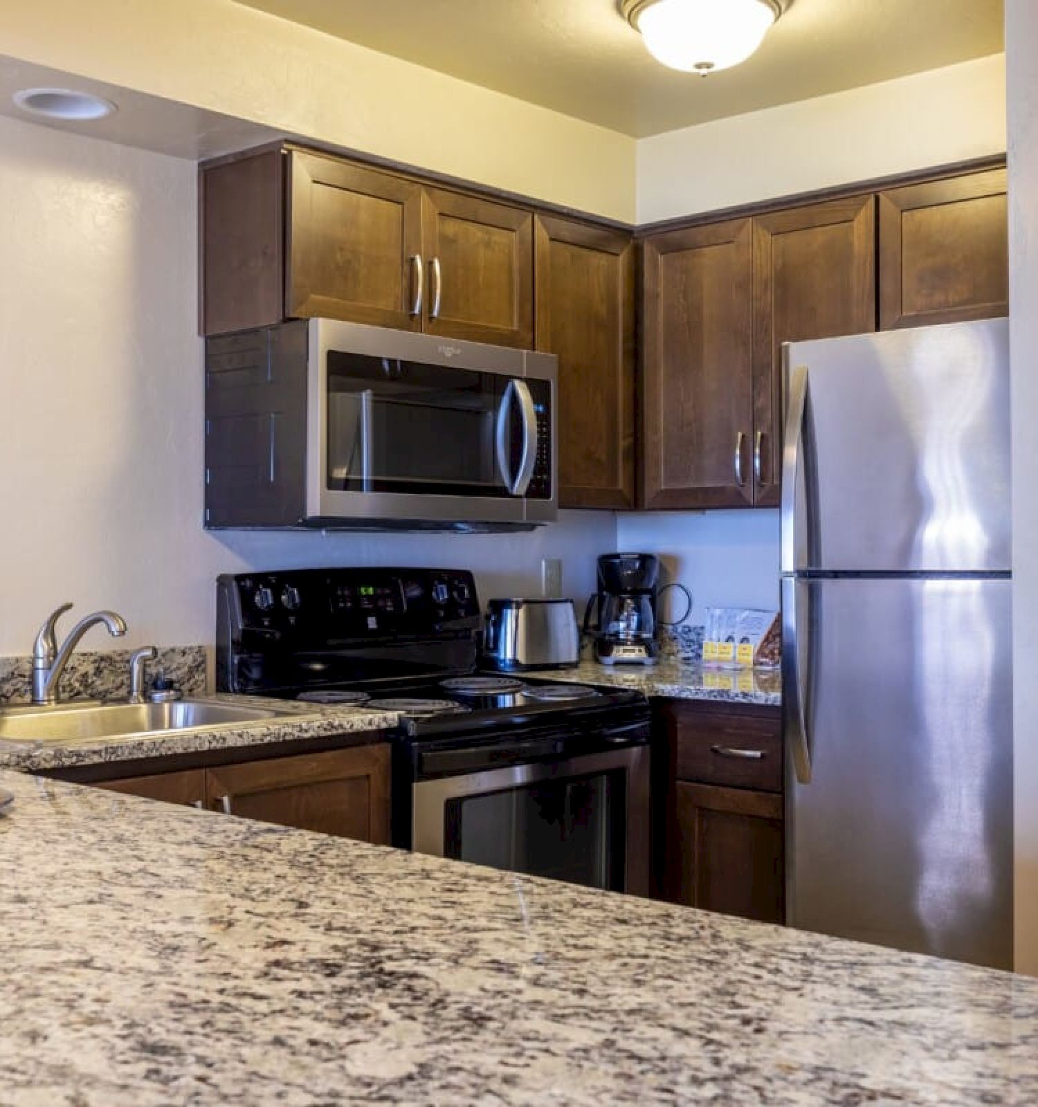 A modern kitchen features stainless steel appliances, dark wooden cabinets, granite countertops, a fruit platter, and small kitchen appliances.