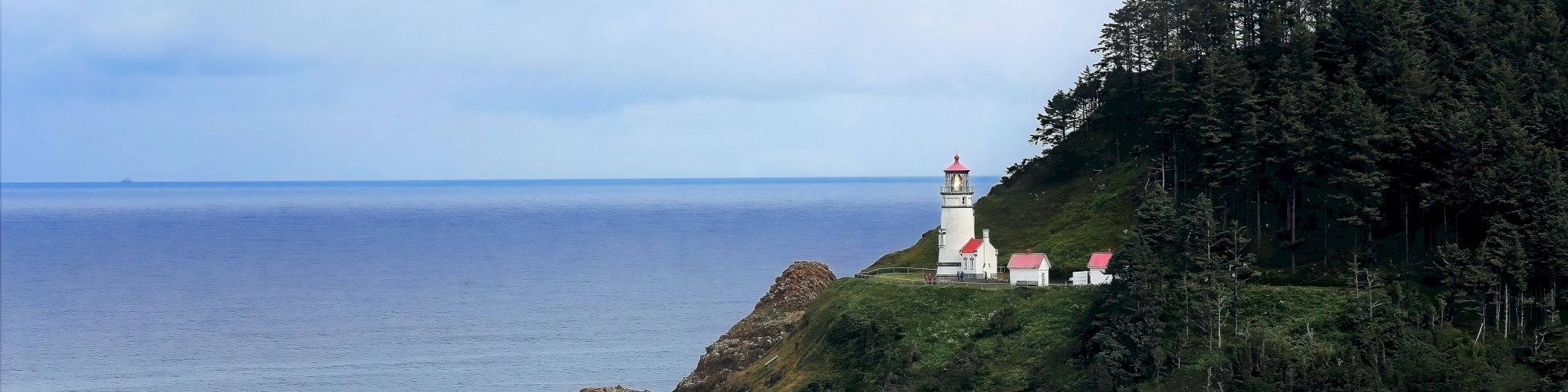 A lighthouse stands on a cliff overlooking the ocean, surrounded by a forested area and an expansive sea with a cloudy sky above.