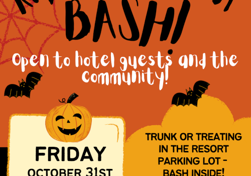 Kids Halloween Bash on October 31st, 3-7PM at Driftwood Shores Resort. Free event with prizes, music, candy, games, and Halloween fun!