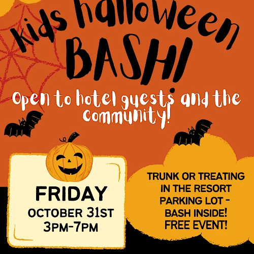 Kids Halloween Bash on October 31st, 3-7PM at Driftwood Shores Resort. Free event with prizes, music, candy, games, and Halloween fun!