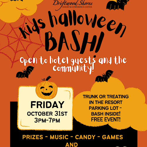 Kids Halloween Bash flyer for October 31st, 3-7 PM at Driftwood Shores, Florence, OR. Open to all; prizes, music, candy, games.
