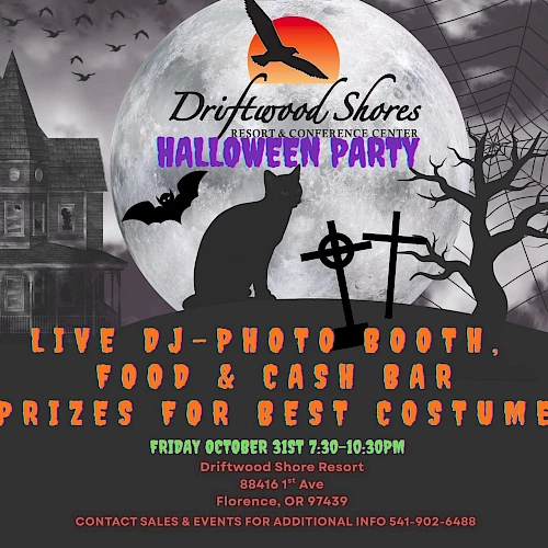 Halloween party flyer with moon, cat, and haunted house. Features live DJ, photo booth, food, cash bar, and costume prizes at Driftwood Shores.