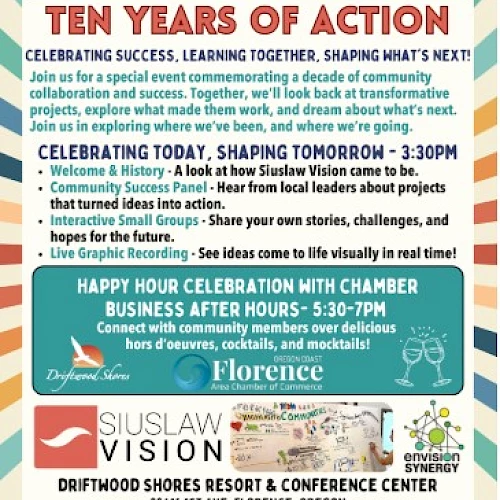 Promotional flyer for the "Siuslaw Vision Refresh" event on October 16, 2025, at Driftwood Shores Resort, Florence, Oregon. Free event.