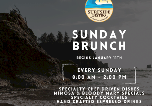 A coastline scene with a rocky shore, waves, and a circular Surfside Bistro logo, promoting Sunday Brunch from 8:00 AM&ndash;2:00 PM at the top.