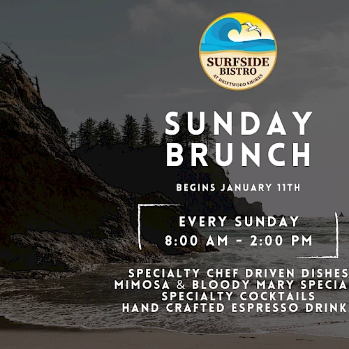 A coastline scene with a rocky shore, waves, and a circular Surfside Bistro logo, promoting Sunday Brunch from 8:00 AM&ndash;2:00 PM at the top.
