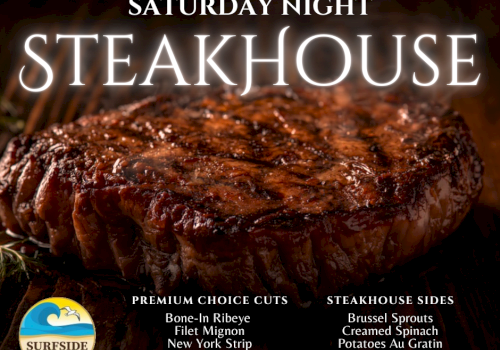 Steakhouse ad: a juicy ribeye with glossy sear, &ldquo;Saturday Night&rdquo; glow, side dishes listed, and a Surfside Bistro logo at bottom left.