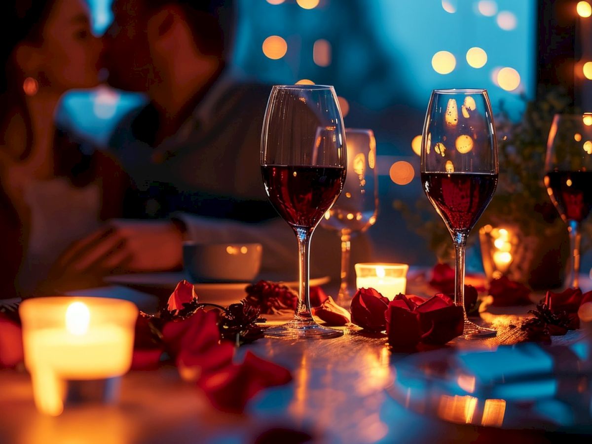 Romantic restaurant scene with wine glasses, candles, rose petals, and soft ambient lighting in the background.