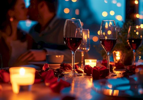 A romantic dinner scene with wine glasses, candles, rose petals, and blurred couple in the background, warm evening ambiance ending with a period.