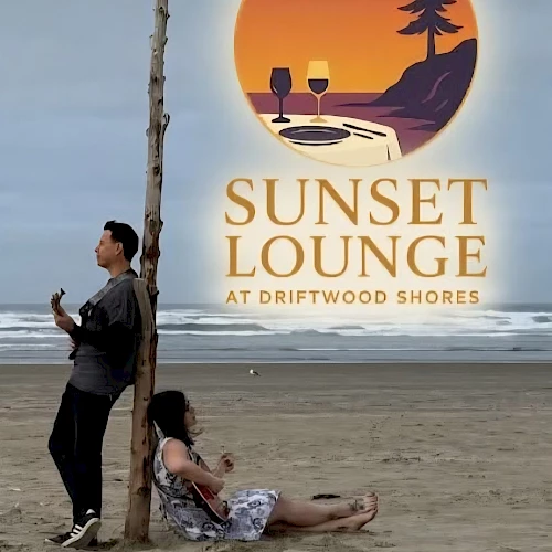 Two people on a beach near a sign that reads &ldquo;Sunset Lounge at Driftwood Shores&rdquo; with a sunset logo, the man leaning on a post and the woman seated on the sand.