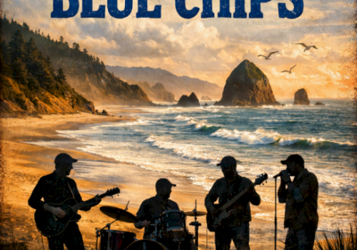 Thomas T & The Blue Chips poster: beach concert at Driftwood Shores, March 7th, 6&ndash;9 PM, live band with guitars and drums. End.