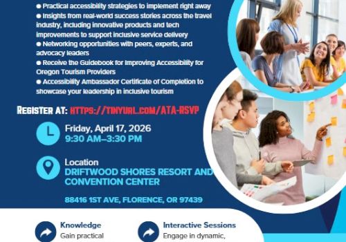 Accessible Tourism Ambassador Training poster: a week-long program with sessions, location details, and interactive activities to boost accessible travel.