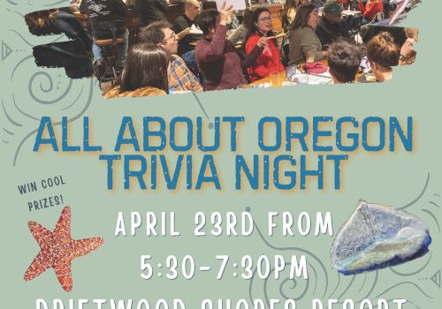 Popular Oregon trivia night event info: &ldquo;All About Oregon Trivia Night&rdquo; at Driftwood Shores Resort, April 23rd, 5:30&ndash;7:30 PM, with logos and crowd photo.