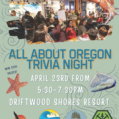 Popular Oregon trivia night event info: &ldquo;All About Oregon Trivia Night&rdquo; at Driftwood Shores Resort, April 23rd, 5:30&ndash;7:30 PM, with logos and crowd photo.