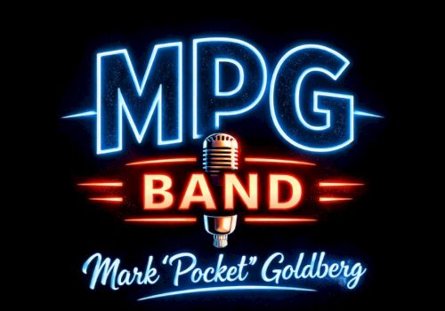 MPG BAND featuring a neon blue &ldquo;MPG&rdquo; and red &ldquo;BAND&rdquo; with a retro microphone and &ldquo;Mark Pocket Goldberg&rdquo; script below.