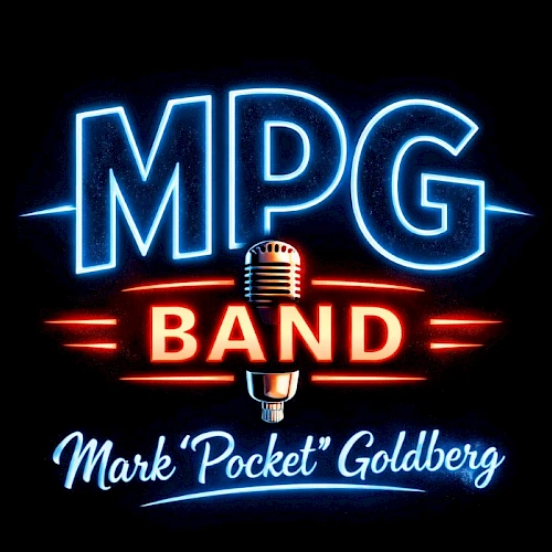 MPG BAND featuring a neon blue &ldquo;MPG&rdquo; and red &ldquo;BAND&rdquo; with a retro microphone and &ldquo;Mark Pocket Goldberg&rdquo; script below.