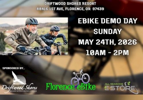 Ride a Bike: Ebike demo day at Driftwood Shores, May 24th, 2026, 10am&ndash;2pm, Florence, OR; bikes, logos, and event details in bold.