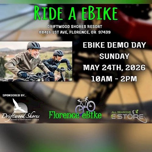 Ride a Bike: Ebike demo day at Driftwood Shores, May 24th, 2026, 10am&ndash;2pm, Florence, OR; bikes, logos, and event details in bold.